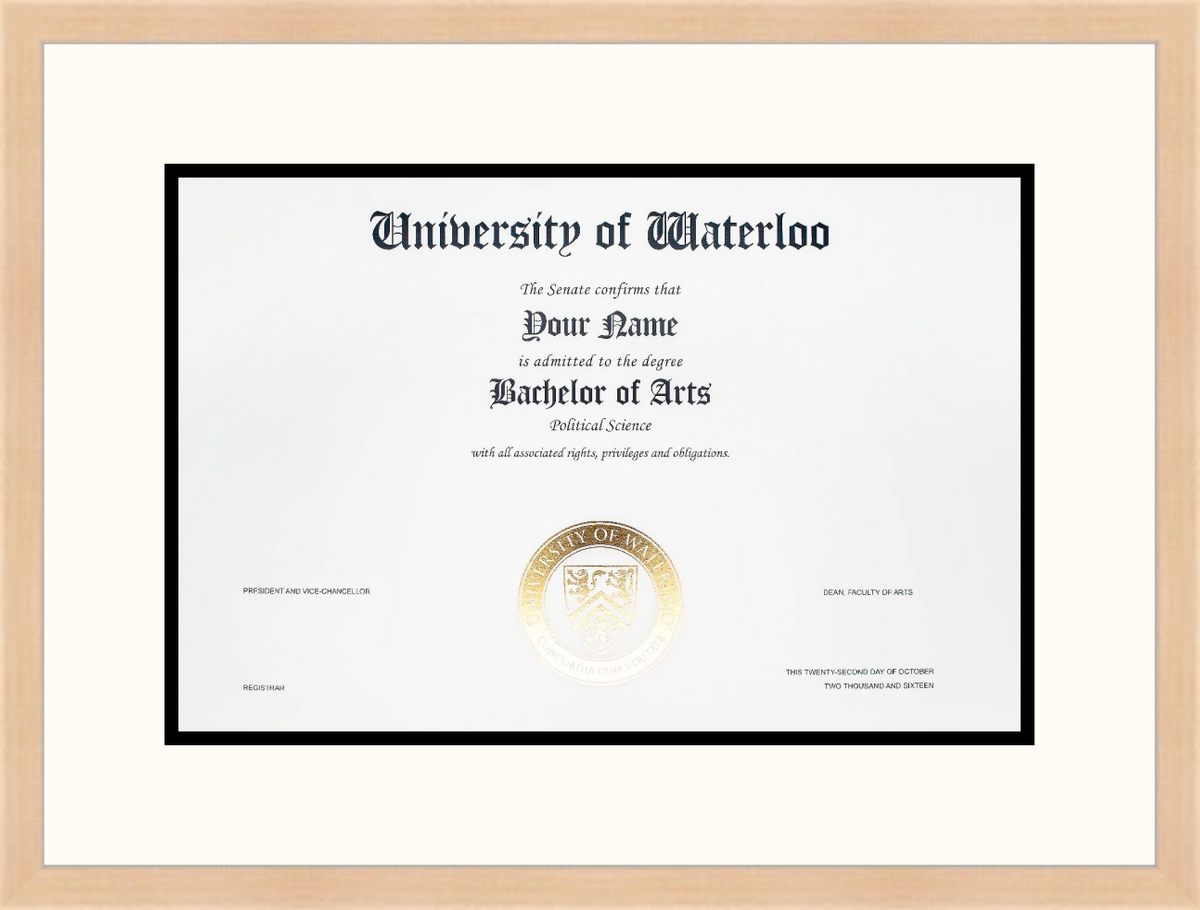 University of Waterloo Diploma Frame R1932007 Ramino Maple L1 Waterloo White Black