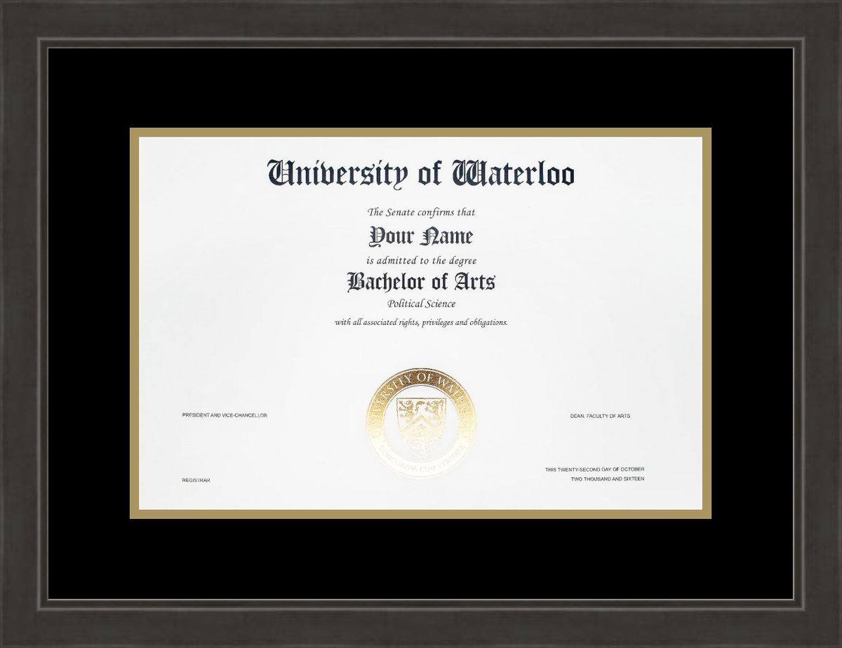University of Waterloo Diploma Frame R691001 Noire Black L2 Waterloo Black Gold