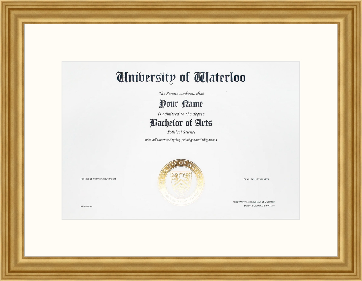 University of Waterloo Diploma Frame R104055 Ramino Gold L2 Waterloo White