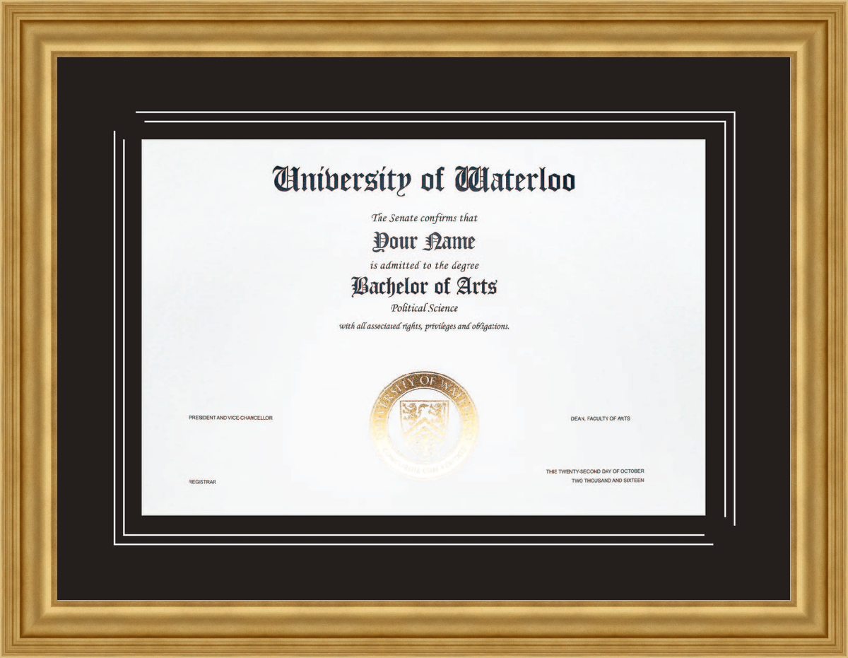 Waterloo Frame Waterloo Diploma Frame – Premium Gold V-Groove, Archival Mat