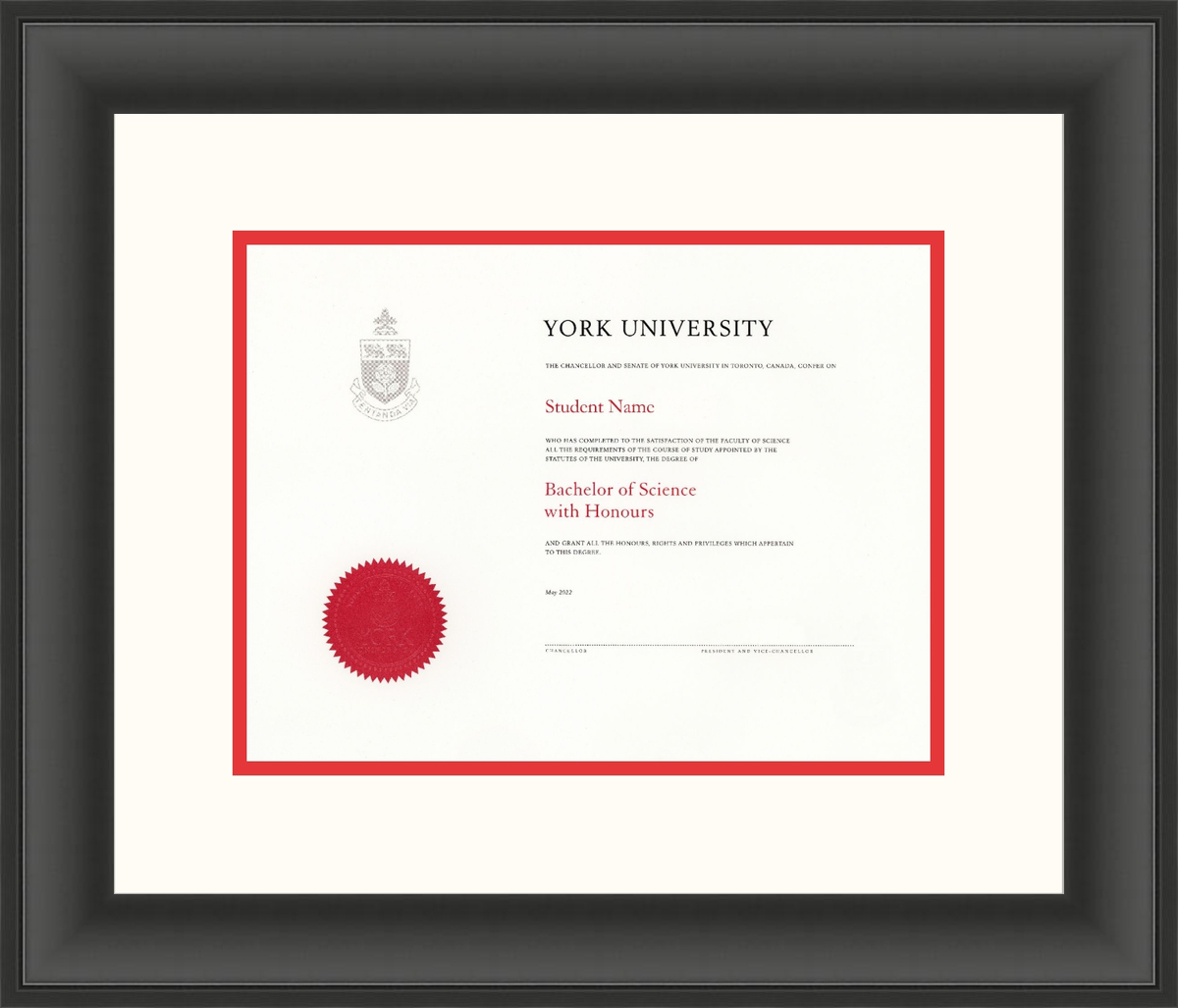 Custom York University Diploma Frame Black Scoop L1 York White Red